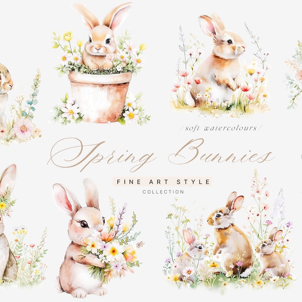 Watercolor Bunnies Clipart - Nursery Spring Clipart - Spring Clipart - Nursery Clipart - Premade Clipart -Bunnies Clipart -Floral Clipart