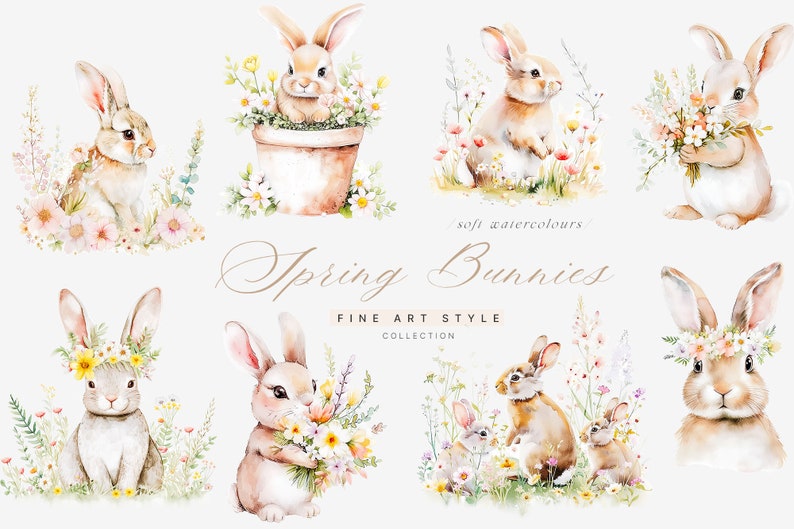 May include: A collection of watercolor illustrations featuring cute bunnies in a spring setting. The bunnies are depicted with flowers, wreaths, and a pot of flowers. The text "Spring Bunnies Fine Art Style Collection" is included in the image.