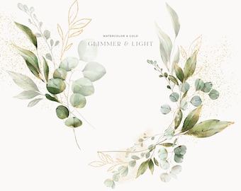 Verdure Clipart - Aquarelle Eucalyptus Clipart - Feuillage d'or - Clipart de mariage - Clipart botanique - Premade Clipart - Clipart aquarelle