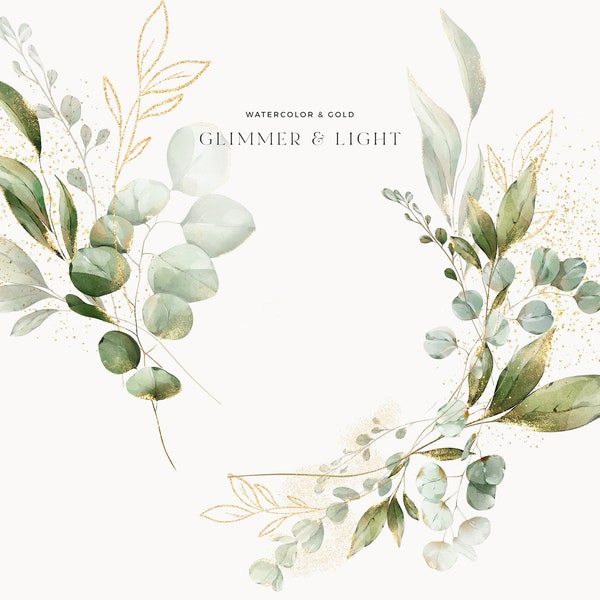 Verdure Clipart - Aquarelle Eucalyptus Clipart - Feuillage d'or - Clipart de mariage - Clipart botanique - Premade Clipart - Clipart aquarelle