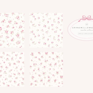 May include: Four floral seamless patterns with a cream background and pink flowers. The image also includes a pink oval with the text "GRANDMILLENNIAL III seamless patterns". The patterns are 2000 px x 2000 px at 300 dpi.