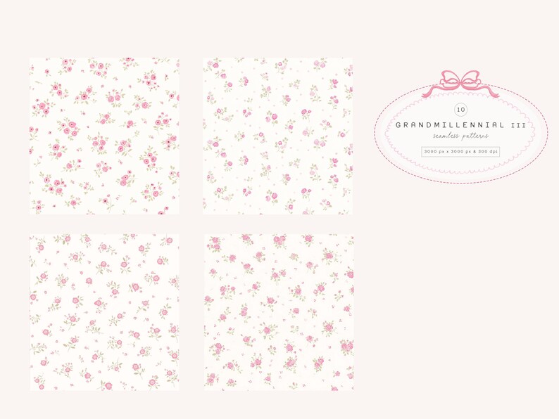 May include: Four floral seamless patterns with a cream background and pink flowers. The image also includes a pink oval with the text "GRANDMILLENNIAL III seamless patterns". The patterns are 2000 px x 2000 px at 300 dpi.