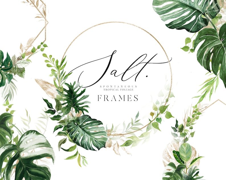 May include: Watercolor illustration of tropical foliage and gold geometric frames. The text "Salt. Spontaneous Tropical Foliage Frames" is written in a script font.