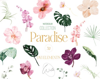 Tropical Watercolor  Clipart - Tropical Flowers - Tropical Leaves - Exotic Clipart - Watercolorr Clipart - Summer Clipart -Hibiscus -Clipart