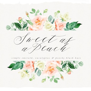 Clipart floral aquarelle pêche et verdure, pêches et crème, clipart roses fard à joues, fard à joues floral clipart, clipart eucalyptus