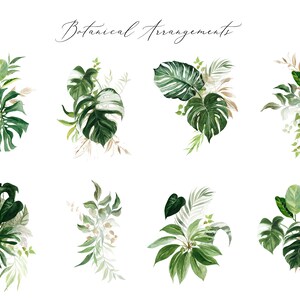 Puede incluir: Ocho ilustraciones de acuarela de diferentes arreglos bot&aacute;nicos con hojas y follaje verdes. Las ilustraciones est&aacute;n dispuestas en una cuadr&iacute;cula sobre un fondo blanco. El texto "Botanical Arrangements" est&aacute; escrito en cursiva en la parte superior de la imagen.