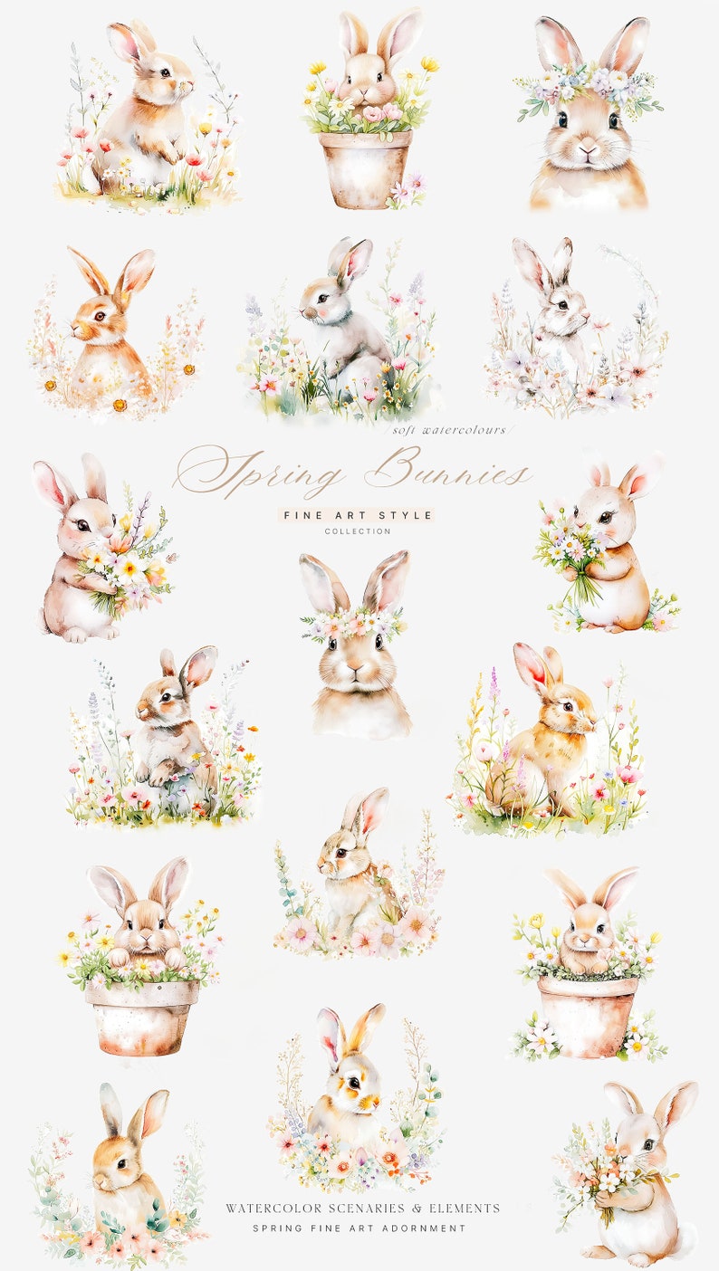May include: Watercolor illustrations of cute bunnies in a spring garden setting. The bunnies are depicted in various poses, some holding flowers, some wearing flower crowns, and some sitting in flower pots. The illustrations are done in soft watercolor tones and feature delicate details.