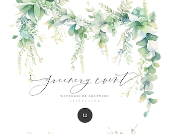 Puede incluir: Ilustración de acuarela de vegetación verde con el texto "greenery event" y "watercolor greenery collection 12". La ilustración presenta un borde de hojas y ramas verdes.