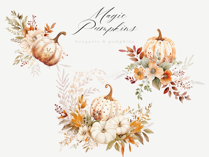 Puede incluir: Tres ilustraciones de acuarela de ramos de oto&ntilde;o con calabazas. Los ramos presentan flores blancas y naranjas, hojas marrones y verdes y peque&ntilde;as bayas. Las calabazas son blancas con detalles dorados y marrones con detalles dorados.