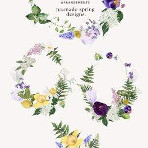 May include: Three watercolor floral arrangements featuring a variety of spring flowers, including purple pansies, yellow daffodils, white blossoms, and green ferns. The text "Eat Wild Arrangements Premade Spring Designs" is displayed above the arrangements.