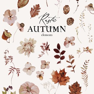 Op de afbeelding: Een verzameling aquarel illustraties met herfstthema, waaronder bladeren, bloemen, pompoenen, pompoenen en bessen. De illustraties zijn in tinten bruin, oranje, roze en groen. De tekst "Rustic Autumn elements" is geschreven in zwarte cursieve letters.