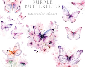Aquarel vlinders clipart-stickers clipart-aquarel clipart-aquarel bloemen clipart-bruiloft clipart-paarse vlinders clipart