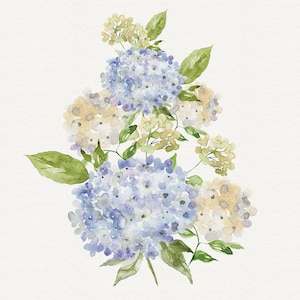 May include: Watercolor painting of a bouquet of blue and white hydrangeas with green leaves.
