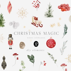 Aquarell Weihnachtscliparts - Weihnachtscliparts - Winter Clipart - Tannenbaum Clipart - Goldfolie Sterne - Weihnachtsbaum - Einladung Clipart