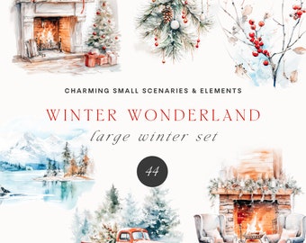 May include: A watercolour illustration set featuring winter scenes. The set includes a fireplace with a roaring fire, a Christmas tree, a truck with a Christmas tree in the bed, a winter landscape with mountains and a lake, and a snowy branch with red berries. The set is titled "Winter Wonderland large winter set 44".