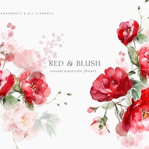 Aquarell Blumen Clipart - Rote und blush Blumen - Blumen Clipart - Hochzeit Clipart - Aquarell Blumen - Rosen Clipart - Blumen Clipart