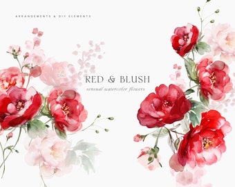 Watercolor Floral Clipart - Red and Blush Flowers - Floral Clipart - Wedding Clipart - Watercolor Flowers - Roses Clipart - Flowers Clipart