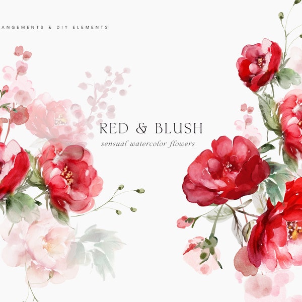 Watercolor Floral Clipart - Red and Blush Flowers - Floral Clipart - Wedding Clipart - Watercolor Flowers - Roses Clipart - Flowers Clipart