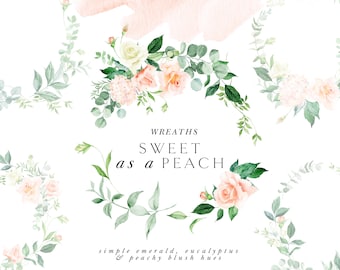 Watercolor Peach Floral clipart - Watercolor Floral Wreaths - Blush Florals - Blush Wedding - Greenery Clipart - Eucalyptus Clipart