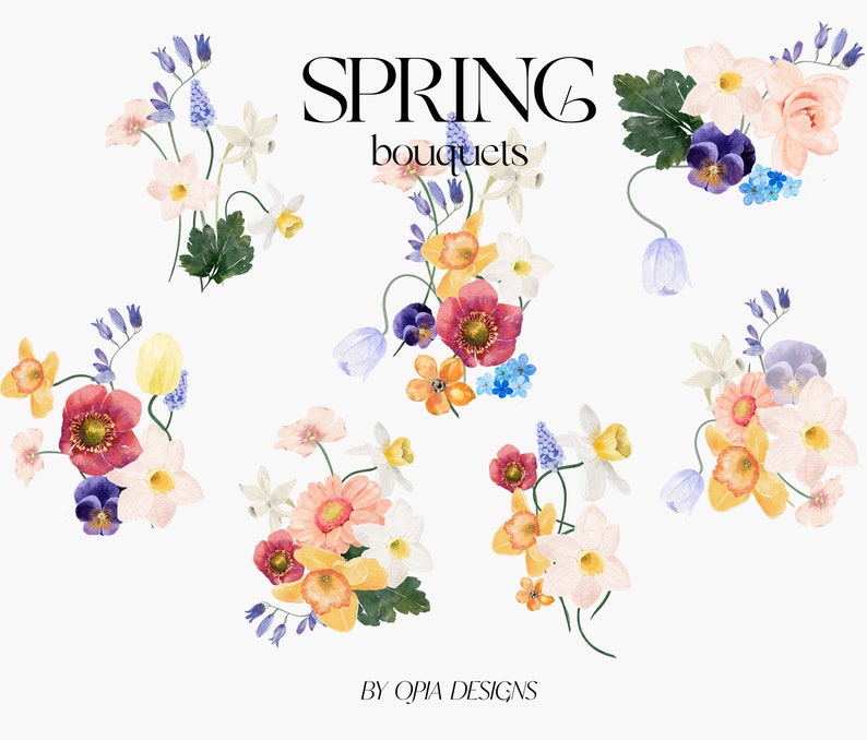 May include: A set of watercolour illustrations of spring bouquets featuring various flowers in shades of pink, yellow, blue, and purple. The bouquets include daffodils, anemones, pansies, and forget-me-nots. The text "SPRING bouquets" is displayed above the illustrations.