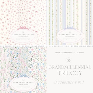 Könnte beinhalten: Eine Sammlung nahtloser Muster mit floralen und gestreiften Designs in sanften Pastellfarben. Das Bild enthält Text, der "GRANDMILLENNIAL III", "GRANDMILLENNIAL II" und "GRANDMILLENNIAL TRILOGY" lautet. Die Muster eignen sich für verschiedene Designprojekte.