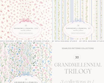 May include: A collection of seamless patterns with floral and striped designs in soft pastel colors. The image includes text that reads "GRANDMILLENNIAL III," "GRANDMILLENNIAL II," and "GRANDMILLENNIAL TRILOGY." The patterns are suitable for various design projects.