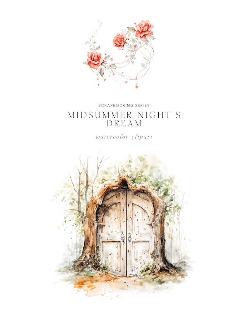 Peut inclure: Illustration aquarelle d'une porte en bois encastr&eacute;e dans un tronc d'arbre, entour&eacute;e de feuillage vert. La porte a deux panneaux et deux poign&eacute;es en m&eacute;tal. Le titre "MIDSUMMER NIGHT'S DREAM" est &eacute;crit en noir au-dessus de l'image.