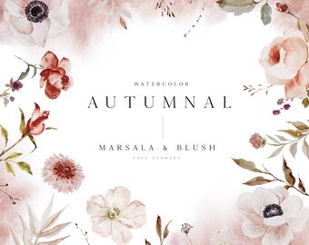 Watercolor Marsala and Blush Autumn Floral Clipart - Fall Clipart - Watercolor Elements - Autumn Clipart - Floral Clipart - Berry and Rose