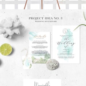 May include: A set of wedding stationery with a tropical theme. The invitation features a watercolor background with the text "The Wedding of Gabriel to Jennifer". The details card includes information about the ceremony, reception, and accommodation. The honeymoon memory map features a hand-drawn illustration of St. Lucia with various landmarks and activities.