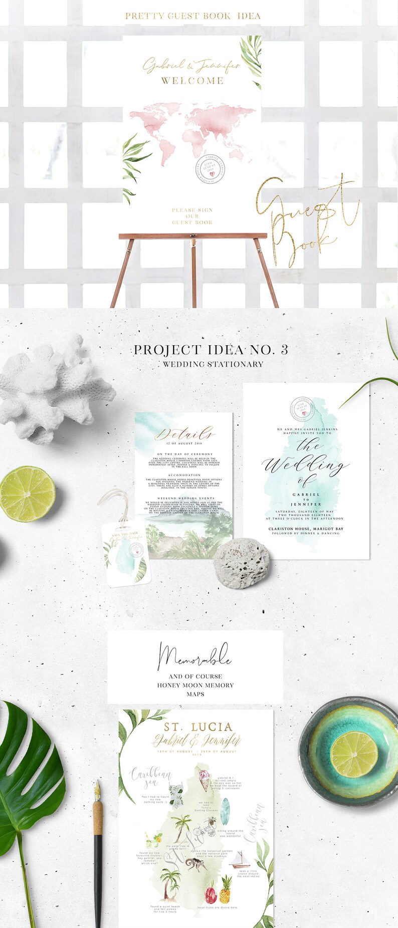 May include: A set of wedding stationery with a tropical theme. The invitation features a watercolor background with the text "The Wedding of Gabriel to Jennifer". The details card includes information about the ceremony, reception, and accommodation. The honeymoon memory map features a hand-drawn illustration of St. Lucia with various landmarks and activities.