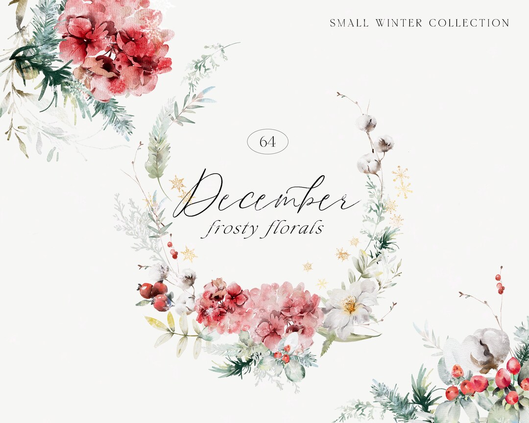 Denmark Etsy Flowers Christmas - Christmas Winter Clipart Winter Christmas Frosty Blooms Clipart Watercolor Floral Collection Frozen Florals