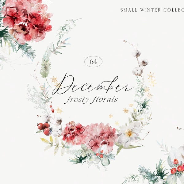 Winter Floral Watercolor - Christmas Collection - Christmas Clipart - Winter Clipart - Christmas Florals - Frosty Blooms - Frozen Flowers