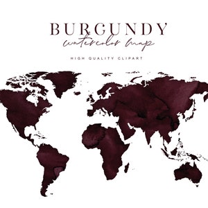 Carte du monde aquarelle Bourgogne - Carte aquarelle - Carte aquarelle Marsala - Aquarelle Bourgogne - Carte Marsala - Travel Clipart