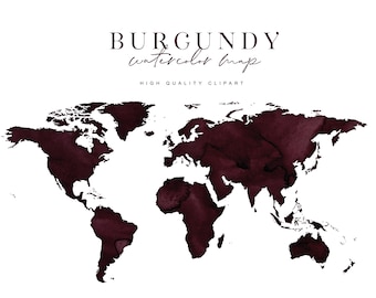 May include: A burgundy watercolor world map with the text "BURGUNDY watercolor map" and "HIGH QUALITY CLIPART" in a serif font.