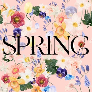May include: A pink background with a floral pattern featuring white, yellow, orange, pink, purple, and blue flowers. The word "SPRING" is written in black letters across the centre of the image.