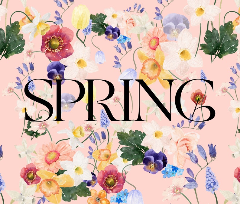 May include: A pink background with a floral pattern featuring white, yellow, orange, pink, purple, and blue flowers. The word "SPRING" is written in black letters across the centre of the image.