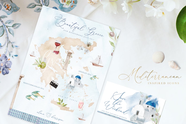 May include: A watercolor illustration of a map of Greece with various icons representing the country, including a glass of wine, a bicycle, a boat, a camera, and a church. The text "Beautiful Greece" and "Our Honeymoon July 2017" is written at the top of the map. The text "Mediterranean Inspired Icons" is written in gold lettering below the map.
