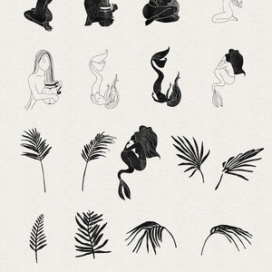 Op de afbeelding: Een verzameling zwart-wit illustraties van verschillende elementen, waaronder handen, zeemeerminnen, palmbladeren en abstracte vormen. De tekst "INDEX OF ELEMENTS" en "ALL ELEMENTS ALSO COME IN GOLD" staat bovenaan de afbeelding. De tekst "click & scroll to see them all and see the next page also" staat onder de titel.