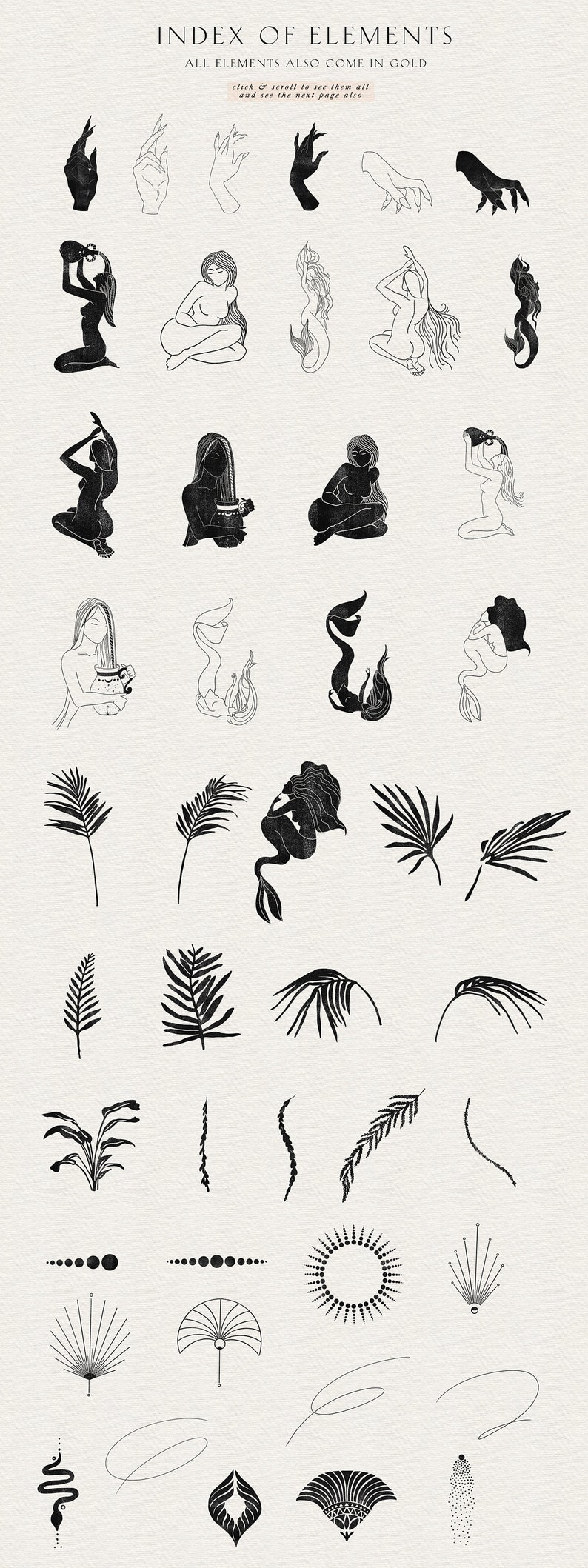Op de afbeelding: Een verzameling zwart-wit illustraties van verschillende elementen, waaronder handen, zeemeerminnen, palmbladeren en abstracte vormen. De tekst "INDEX OF ELEMENTS" en "ALL ELEMENTS ALSO COME IN GOLD" staat bovenaan de afbeelding. De tekst "click & scroll to see them all and see the next page also" staat onder de titel.
