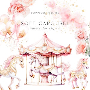 Clipart de carrossel aquarela - Clipart de pônei - Clipart de carrossel - Clipart de berçário - Clipart de adesivos - Clipart de scrapbooking - Carrossel de pônei