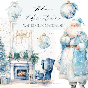 Navidad acuarela azul - imágenes prediseñadas de Navidad - imágenes prediseñadas de acuarela - imágenes prediseñadas de tarjetas de Navidad - temporada navideña - imágenes prediseñadas de Santa Claus - invierno