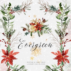 Conjunto Evergreen de clipart de inverno e Natal - Pinheiros e florais de inverno - Clipart de inverno - Clipart de guirlandas de inverno - clipart de arranjos de inverno
