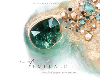 Emerald Green Gemstone Adornments - Clipart - Emerald Clipart - Gemstones - Gold and Glitter - Gold Foil - Backgrounds