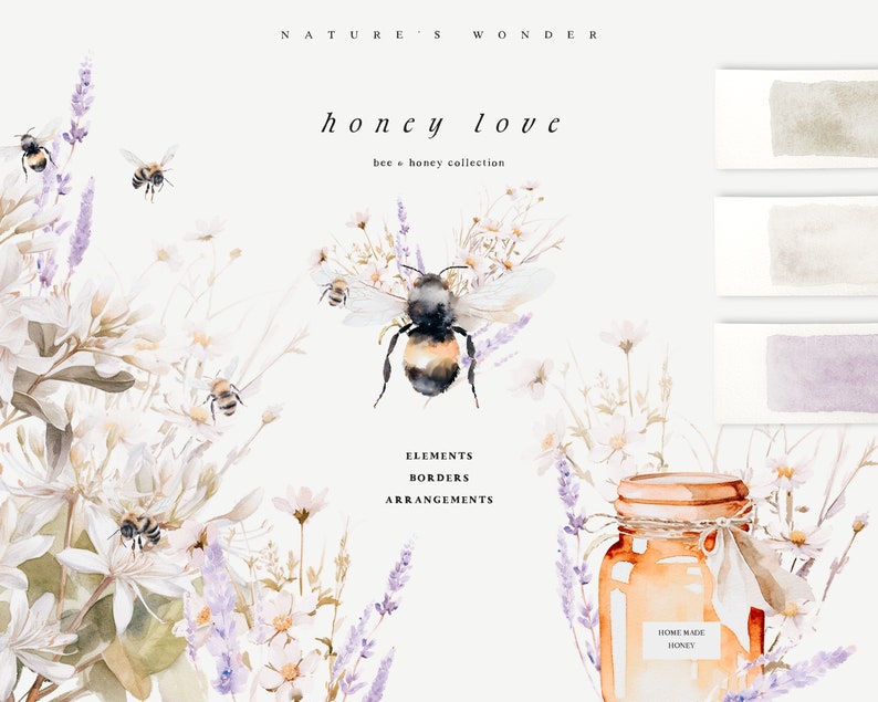 May include: Watercolor illustration of a bee and honey jar with lavender and white flowers. The text "honey love" and "bee + honey collection" is written in the image. The image also includes a color palette with three shades of gray and purple.