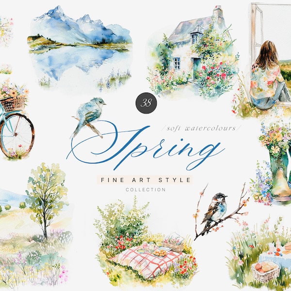 Watercolor Spring Clipart _ Spring Scenaries - Spring Art - Fine Art - Watercolor - Spring Windows - Spring Trees - Spring Flowers