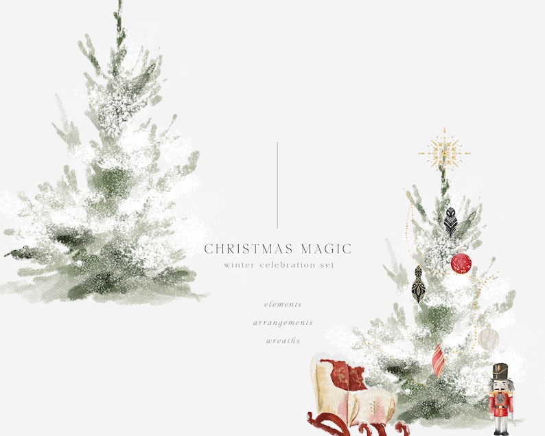 May include: Two watercolor illustrations of snow-covered Christmas trees decorated with ornaments, a star, and a nutcracker. The text "CHRISTMAS MAGIC winter celebration set" is below the trees. The text "elements arrangements wreaths" is below the text.