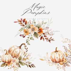 Puede incluir: Ilustraci&oacute;n de acuarela de tres arreglos florales de oto&ntilde;o con calabazas. El arreglo superior presenta un ramo de flores con hojas marrones, verdes y blancas. Los dos arreglos inferiores presentan calabazas con tallos marrones y hojas blancas y marrones.