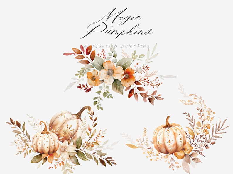 Puede incluir: Ilustraci&oacute;n de acuarela de tres arreglos florales de oto&ntilde;o con calabazas. El arreglo superior presenta un ramo de flores con hojas marrones, verdes y blancas. Los dos arreglos inferiores presentan calabazas con tallos marrones y hojas blancas y marrones.