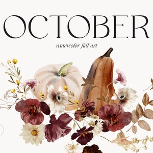 Ensemble automne aquarelle - fleurs d'automne - clipart automne - clipart citrouille - aquarelle citrouille - clipart floral - fleurs automne - automne