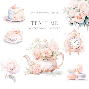 Clipart da hora do chá em aquarela - Clipart da hora do chá - Sobremesas em aquarela -Clipart de casamento - Clipart pré-fabricado -Clipart de scrapbooking -Clipart de rosas